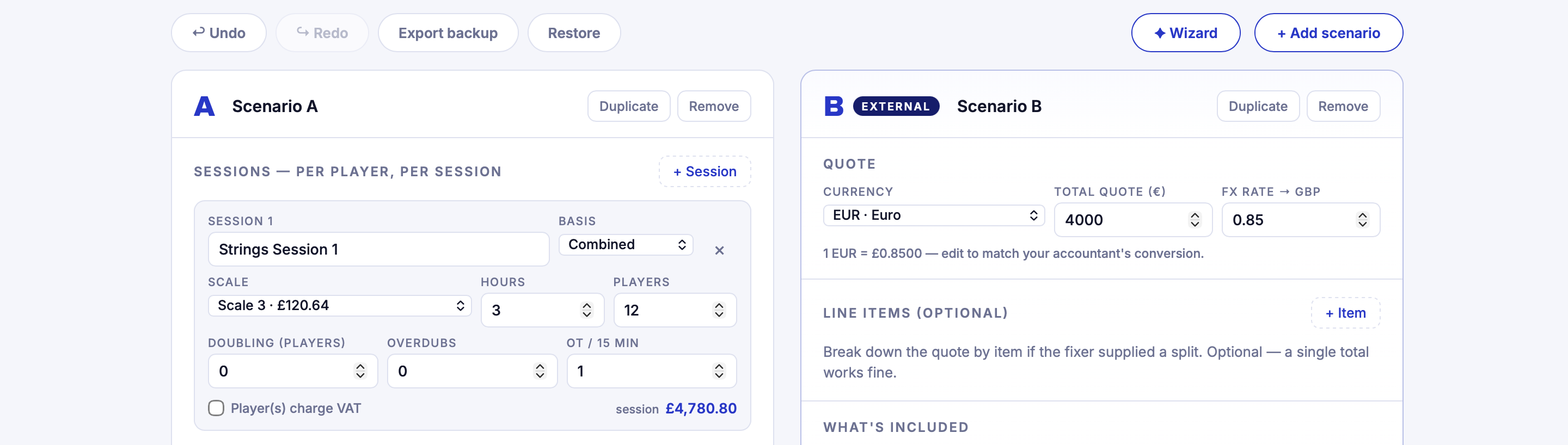 SessionCalc — session budget builder
