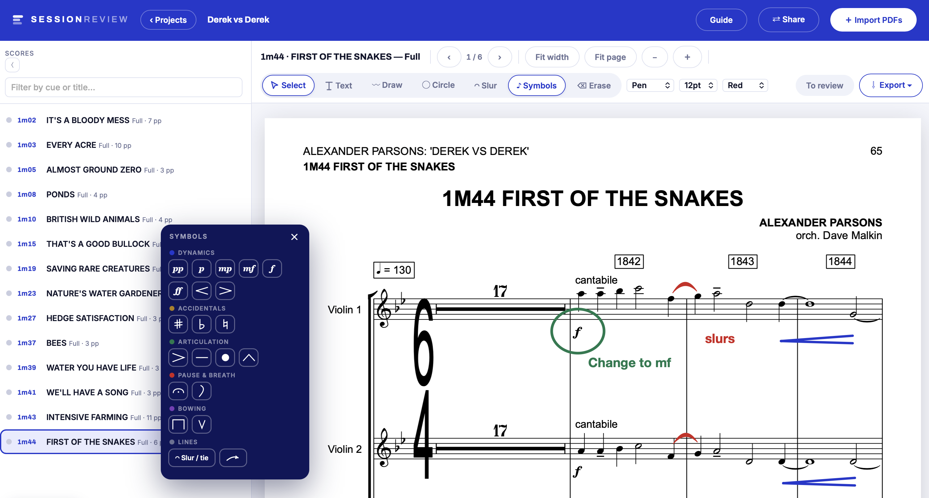 SessionReview — typed and drawn score markings